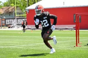 BEREA, OHIO - MAY 10: Dylan Sampson #22 of the Cleveland Browns runs a drill during rookie minicamp at CrossCountry Mortgage Campus on May 10, 2025 in Berea, Ohio.
