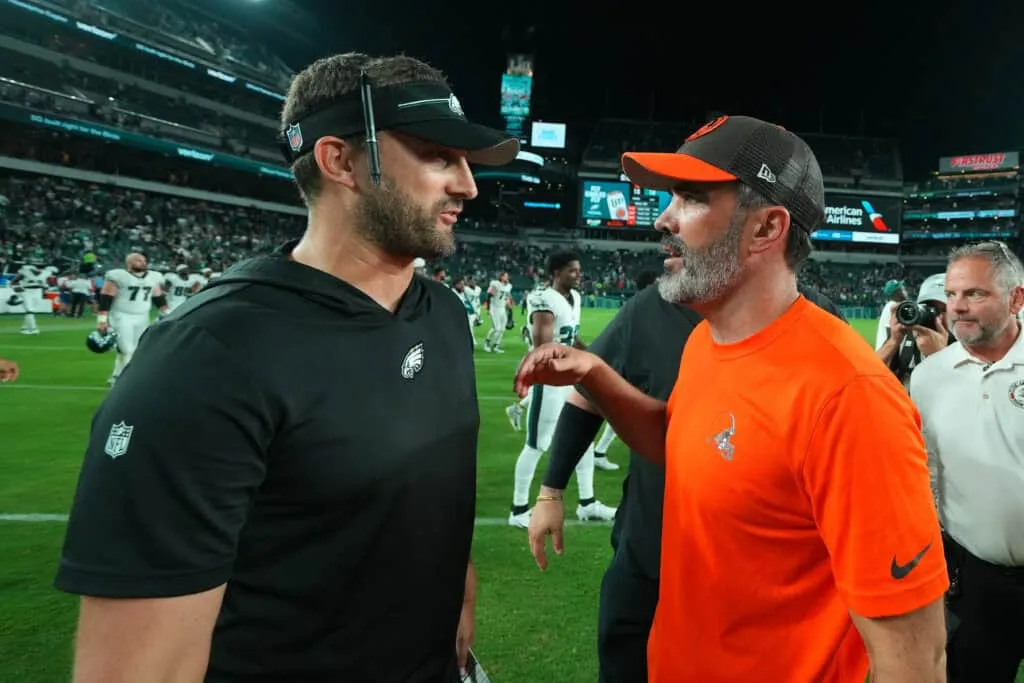 PHILADELPHIA, PENNSYLVANIA - AUGUST 17: Head coach Nick Sirianni and the Philadelphia Eagles talks to head coach Kevin Stefanski of the Cleveland Browns after the preseason game at Lincoln Financial Field on August 17, 2023 in Philadelphia, Pennsylvania. The Browns tied the Eagles 18-18.