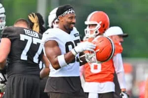 BEREA, OHIO - JULY 26: Defensive end Myles Garrett #95 of the Cleveland Browns smiles during training camp at CrossCountry Mortgage Campus on July 26, 2025 in Berea, Ohio.