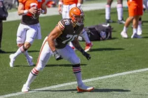 Cleveland Browns tackle Jack Conklin (78) participates in drills during the Cleveland Browns Training Camp on August 30, 2020, at FirstEnergy Stadium in Cleveland, OH.