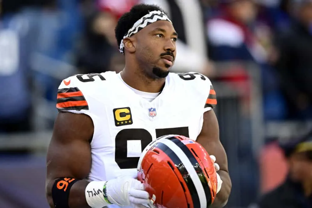 FOXBOROUGH, MASSACHUSETTS - OCTOBER 26: Myles Garrett #95 of the Cleveland Browns looks on during warmups prior to the game =NE at Gillette Stadium on October 26, 2025 in Foxborough, Massachusetts.