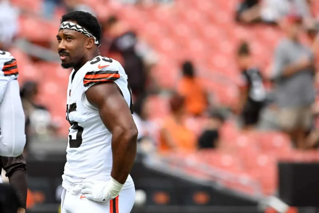CLEVELAND, OHIO - AUGUST 23: Myles Garrett #95 of the Cleveland Browns looks on prior to an NFL Preseason 2025 game against the Los Angeles Rams at Huntington Bank Field on August 23, 2025 in Cleveland, Ohio.