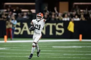 NEW ORLEANS, LOUISIANA - NOVEMBER 17: Denzel Ward #21 of the Cleveland Browns reacts after an interception during the second quarter of a game against the New Orleans Saints at Caesars Superdome on November 17, 2024 in New Orleans, Louisiana.