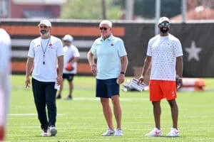 BEREA, OHIO - JULY 28: (L-R) Head coach Kevin Stefanski, managing and principal partner Jimmy Haslam and executive vice president, football operations & general manager Andrew Berry of the Cleveland Browns look on during Cleveland Browns training camp at CrossCountry Mortgage Campus on July 28, 2025 in Berea, Ohio.