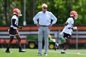 BEREA, OHIO - JUNE 10: Managing and principal partner Jimmy Haslam of the Cleveland Browns looks on during Cleveland Browns mandatory minicamp at CrossCountry Mortgage Campus on June 10, 2025 in Berea, Ohio.