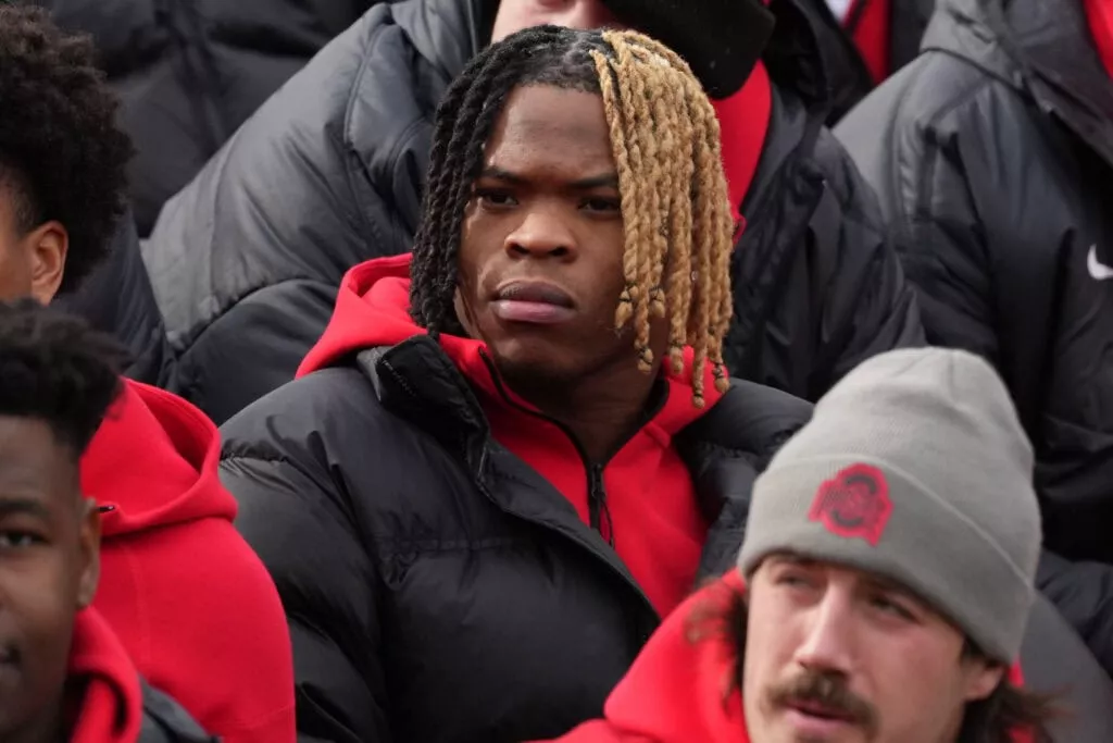 COLUMBUS, OHIO - JANUARY 26: Running back Quinshon Judkins #1 of the Ohio State Buckeyes looks on during the NCAA Football Championship celebration at Ohio Stadium on January 26, 2025 in Columbus, Ohio.