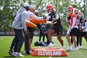 BEREA, OHIO - JUNE 11: Quinshon Judkins #10 of the Cleveland Browns runs a drill during Cleveland Browns mandatory minicamp at CrossCountry Mortgage Campus on June 11, 2025 in Berea, Ohio.