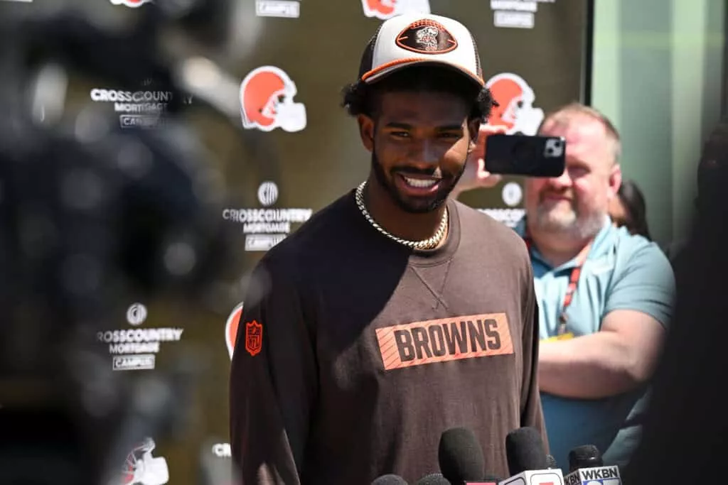 BEREA, OHIO - MAY 10: Shedeur Sanders #12 of the Cleveland Browns answers questions from the media during a press conference prior to rookie minicamp at CrossCountry Mortgage Campus on May 10, 2025 in Berea, Ohio.