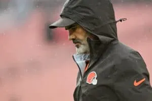 CLEVELAND, OHIO - OCTOBER 19: Head coach Kevin Stefanski of the Cleveland Browns looks on prior to a game against the Miami Dolphins at Huntington Bank Field on October 19, 2025 in Cleveland, Ohio.