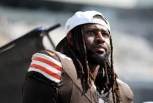 PHILADELPHIA, PENNSYLVANIA - AUGUST 16: Alex Wright #91 of the Cleveland Browns looks on from the bench during the NFL Preseason 2025 game between Cleveland Browns and Philadelphia Eagles at Lincoln Financial Field on August 16, 2025 in Philadelphia, Pennsylvania. The Cleveland Browns defeated the Philadelphia Eagles 22-13.