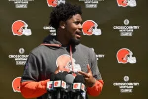 BEREA, OHIO - MAY 09: Dylan Sampson #22 of the Cleveland Browns answers questions from the media during a press conference prior to rookie minicamp at CrossCountry Mortgage Campus on May 09, 2025 in Berea, Ohio.