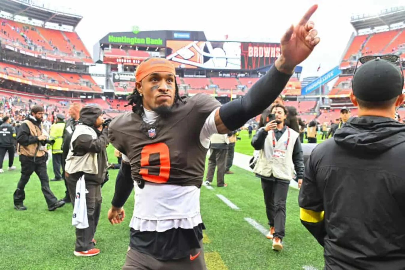 CLEVELAND, OHIO - OCTOBER 19: Grant Delpit #9 of the Cleveland Browns walks off the field after defeating the Miami Dolphins at Huntington Bank Field on October 19, 2025 in Cleveland, Ohio.