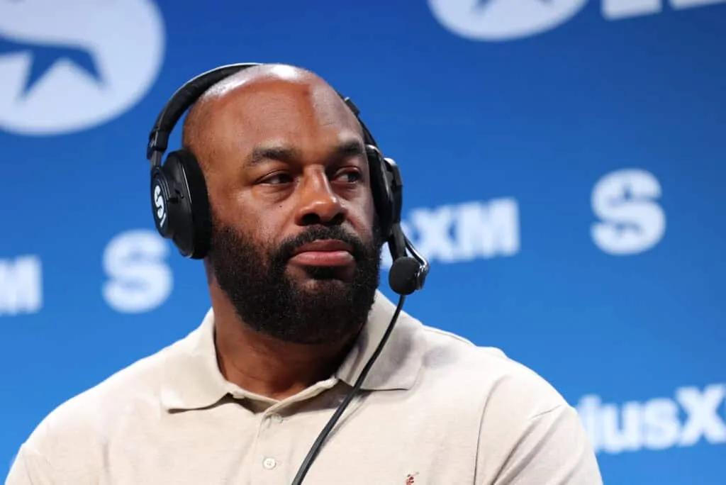 NEW ORLEANS, LOUISIANA - FEBRUARY 07: Donovan McNabb speaks on SiriusXM on radio row at Super Bowl LIX on February 07, 2025 in New Orleans, Louisiana.