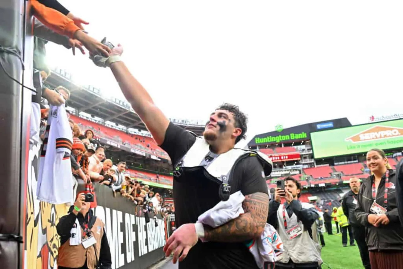 CLEVELAND, OHIO - OCTOBER 19: Mason Graham #94 of the Cleveland Browns walks off the field after defeating the Miami Dolphins at Huntington Bank Field on October 19, 2025 in Cleveland, Ohio.