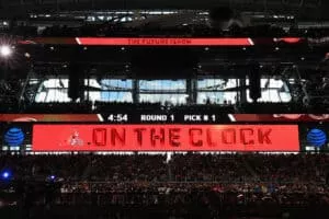 ARLINGTON, TX - APRIL 26: A video board displays the text "ON THE CLOCK" for the Cleveland Browns during the first round of the 2018 NFL Draft at AT&T Stadium on April 26, 2018 in Arlington, Texas.