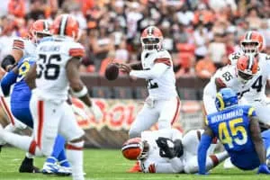 CLEVELAND, OHIO - AUGUST 23: Shedeur Sanders #12 of the Cleveland Browns throws a pass during the fourth quarter of an NFL Preseason 2025 game against the Los Angeles Rams at Huntington Bank Field on August 23, 2025 in Cleveland, Ohio.