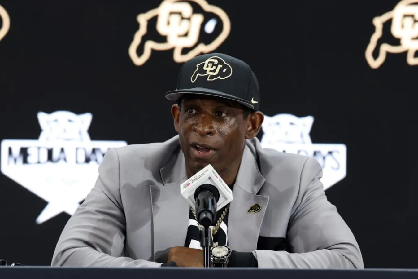 FRISCO, TEXAS - JULY 09: Head coach Deion Sanders of the Colorado Buffaloes speaks with the media during the Big 12 Media Days at The Ford Center at The Star on July 09, 2025 in Frisco, Texas.