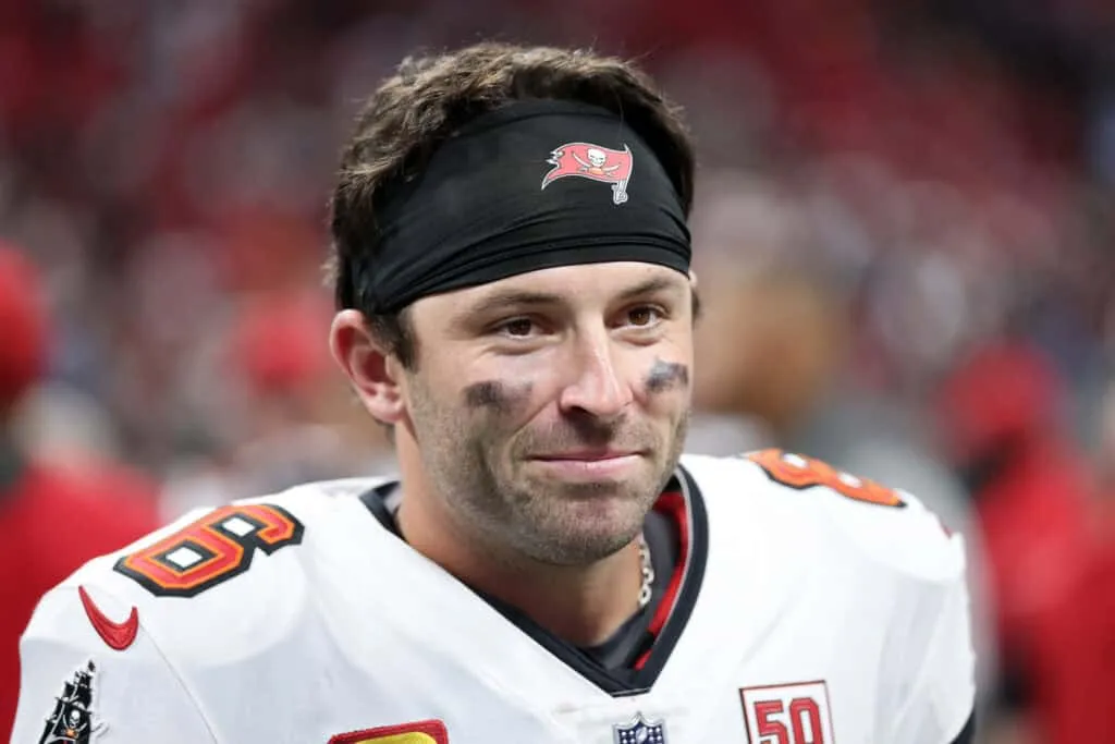 ATLANTA, GEORGIA - SEPTEMBER 07: Baker Mayfield #6 of the Tampa Bay Buccaneers reacts after defeating the Atlanta Falcons during the game at Mercedes-Benz Stadium on September 07, 2025 in Atlanta, Georgia.