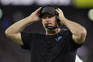 BALTIMORE, MARYLAND - SEPTEMBER 22: Head coach Dan Campbell of the Detroit Lions reacts against the Baltimore Ravens during the second quarter at M&T Bank Stadium on September 22, 2025 in Baltimore, Maryland.