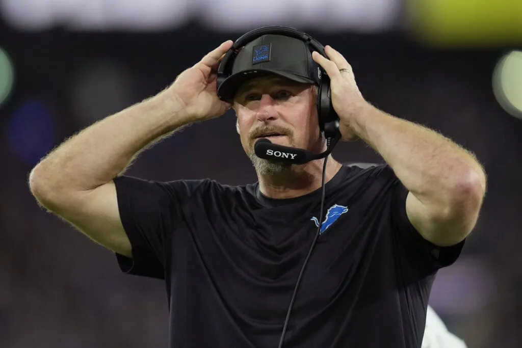BALTIMORE, MARYLAND - SEPTEMBER 22: Head coach Dan Campbell of the Detroit Lions reacts against the Baltimore Ravens during the second quarter at M&T Bank Stadium on September 22, 2025 in Baltimore, Maryland.