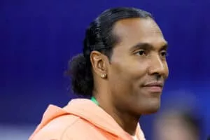 INDIANAPOLIS, INDIANA - MARCH 04: Former NFL player T.J. Houshmandzadeh looks on during the NFL Combine at Lucas Oil Stadium on March 04, 2023 in Indianapolis, Indiana.
