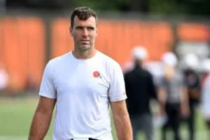 BEREA, OHIO - JULY 28: Joe Flacco #15 of the Cleveland Browns walks off the field after Cleveland Browns training camp at CrossCountry Mortgage Campus on July 28, 2025 in Berea, Ohio.