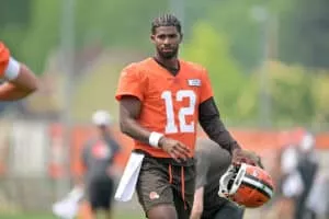 BEREA, OHIO - JUNE 12: Quarterback Shedeur Sanders #12 of the Cleveland Browns watches practice during organized team activities at CrossCountry Mortgage Campus on June 12, 2025 in Berea, Ohio.