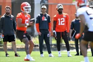 BEREA, OHIO - MAY 10: Shedeur Sanders #12 of the Cleveland Browns looks on during rookie minicamp at CrossCountry Mortgage Campus on May 10, 2025 in Berea, Ohio.