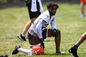 BEREA, OHIO - JUNE 04: Denzel Ward #21 of the Cleveland Browns looks on during Cleveland Browns OTA offseason workouts at CrossCountry Mortgage Campus on June 04, 2025 in Berea, Ohio.