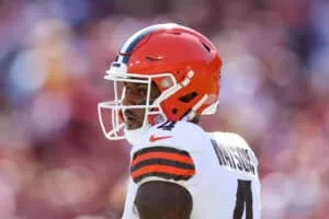 LANDOVER, MARYLAND - OCTOBER 06: Deshaun Watson #4 of the Cleveland Browns looks on as they play the Washington Commanders in the first half at FedExField on October 06, 2024 in Landover, Maryland.