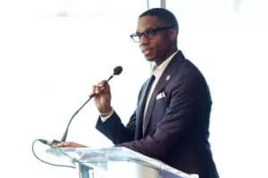 CLEVELAND, OHIO - JUNE 06: Cleveland Mayor Justin M. Bibb speaks during Leveling The Playing Field: The Urban Expungement Program's Impact and Future Expansion at Cleveland Browns Stadium on June 06, 2024 in Cleveland, Ohio.