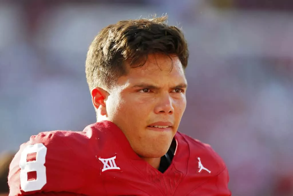 NORMAN, OKLAHOMA - SEPTEMBER 30: Quarterback Dillon Gabriel #8 of the Oklahoma Sooners prepares for a game against the Iowa State Cyclones at Gaylord Family Oklahoma Memorial Stadium on September 30, 2023 in Norman, Oklahoma.