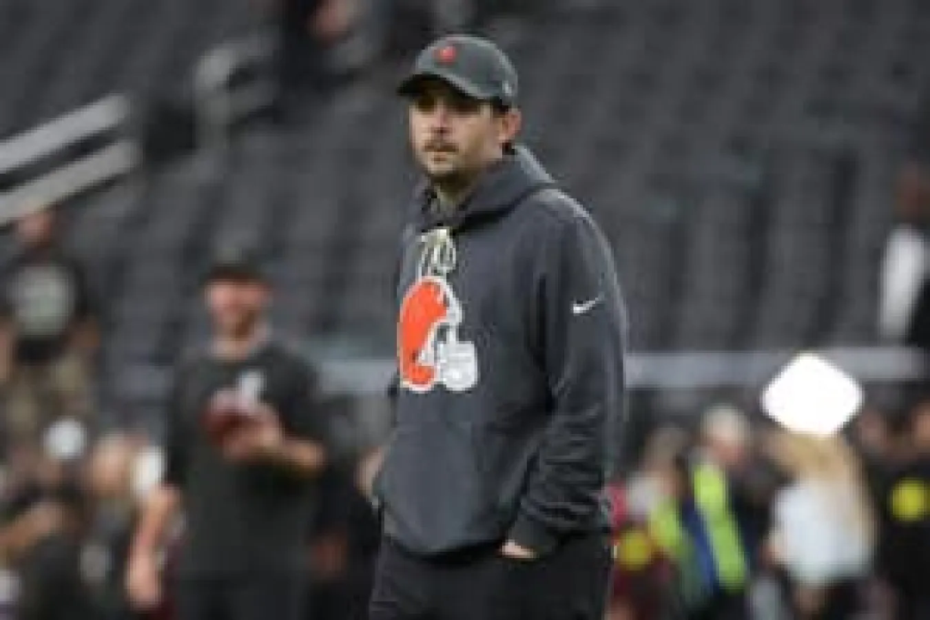 LAS VEGAS, NEVADA - NOVEMBER 23: Offensive Coordinator Tommy Rees of the Cleveland Browns looks on before the game against the Las Vegas Raiders at Allegiant Stadium on November 23, 2025 in Las Vegas, Nevada