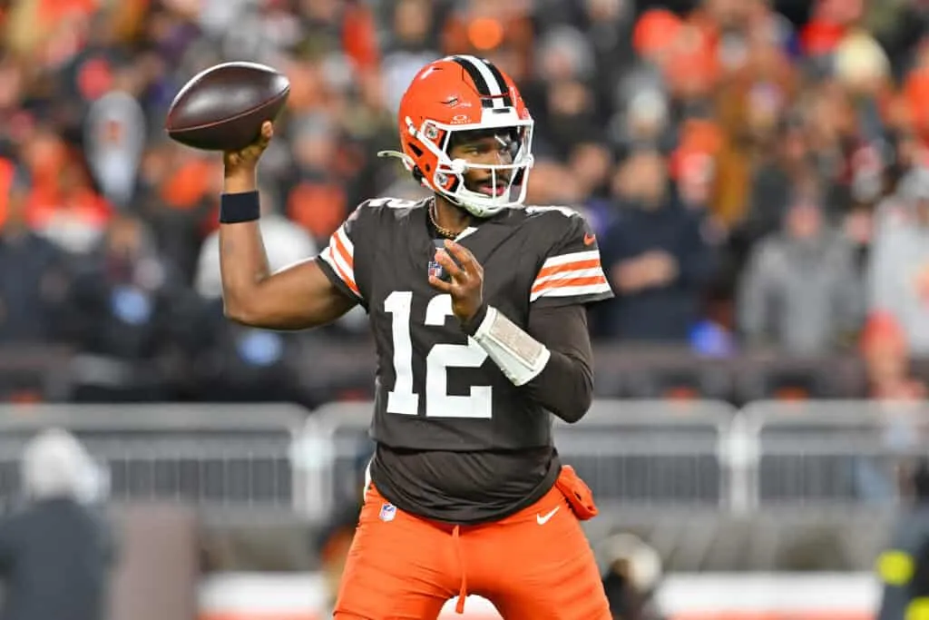 CLEVELAND, OHIO - NOVEMBER 16: Shedeur Sanders #12 of the Cleveland Browns looks to pass during the game against the Baltimore Ravens at Huntington Bank Field on November 16, 2025 in Cleveland, Ohio.