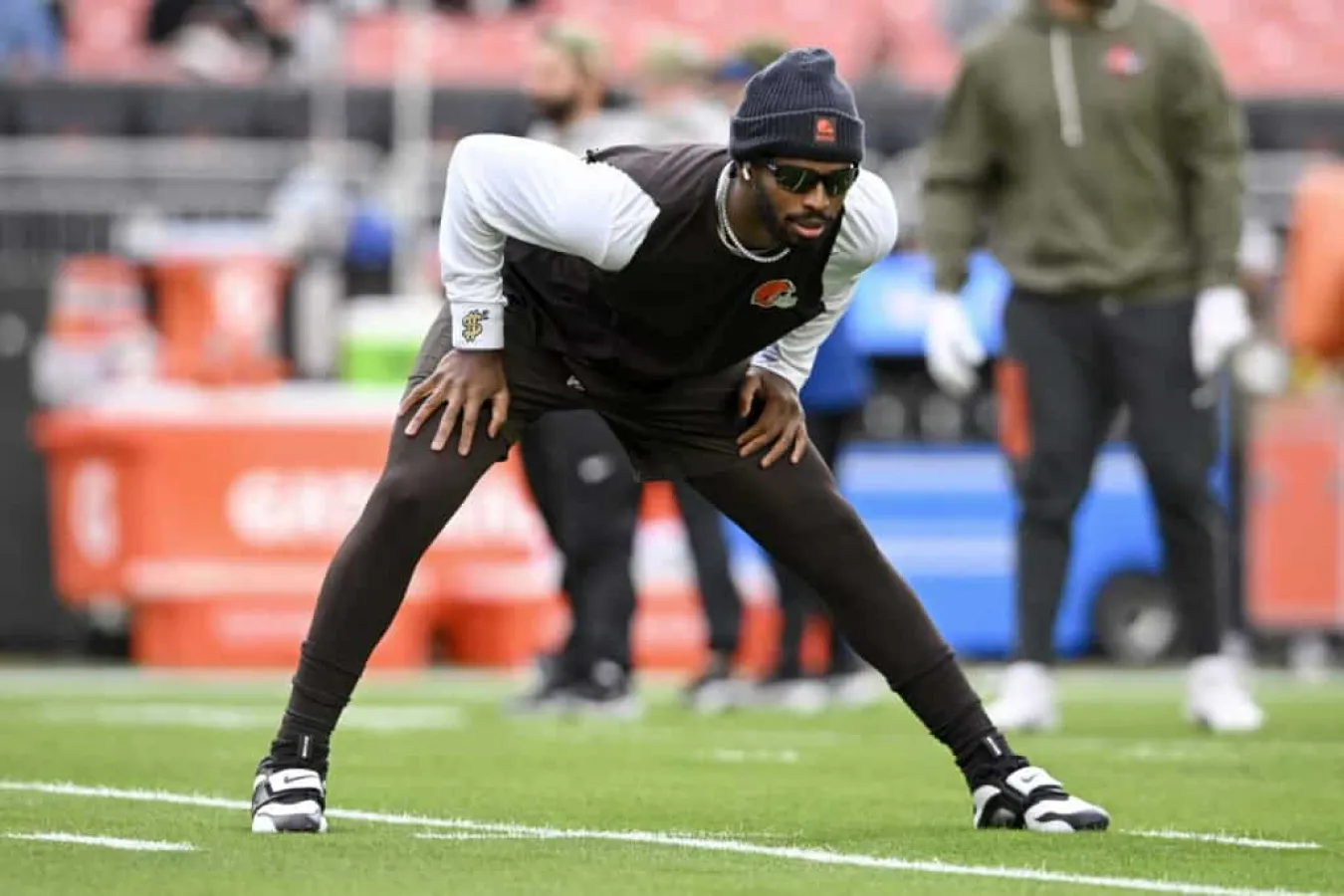 CLEVELAND, OHIO - NOVEMBER 16: Shedeur Sanders #12 of the Cleveland Browns warms up before the game against the Baltimore Ravens at Huntington Bank Field on November 16, 2025 in Cleveland, Ohio.