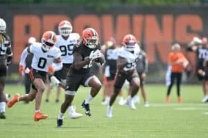 BEREA, OHIO - JULY 25: Running back Pierre Strong Jr. #20 of the Cleveland Browns runs a play during training camp at CrossCountry Mortgage Campus on July 25, 2025 in Berea, Ohio.