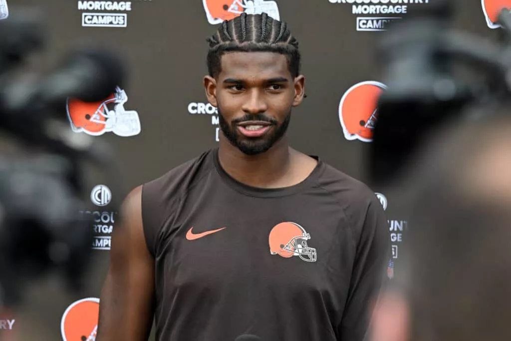 BEREA, OHIO - JUNE 10: Shedeur Sanders #12 of the Cleveland Browns answers questions from the media during a press conference after Cleveland Browns mandatory minicamp at CrossCountry Mortgage Campus on June 10, 2025 in Berea, Ohio.