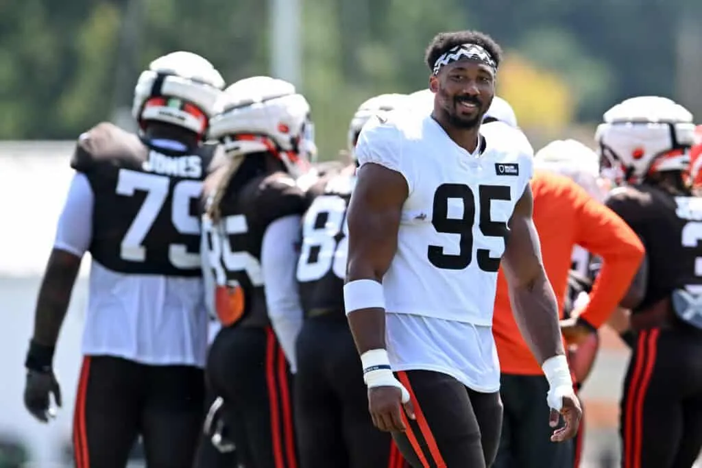 BEREA, OHIO - JULY 28: Myles Garrett #95 of the Cleveland Browns looks on during Cleveland Browns training camp at CrossCountry Mortgage Campus on July 28, 2025 in Berea, Ohio.