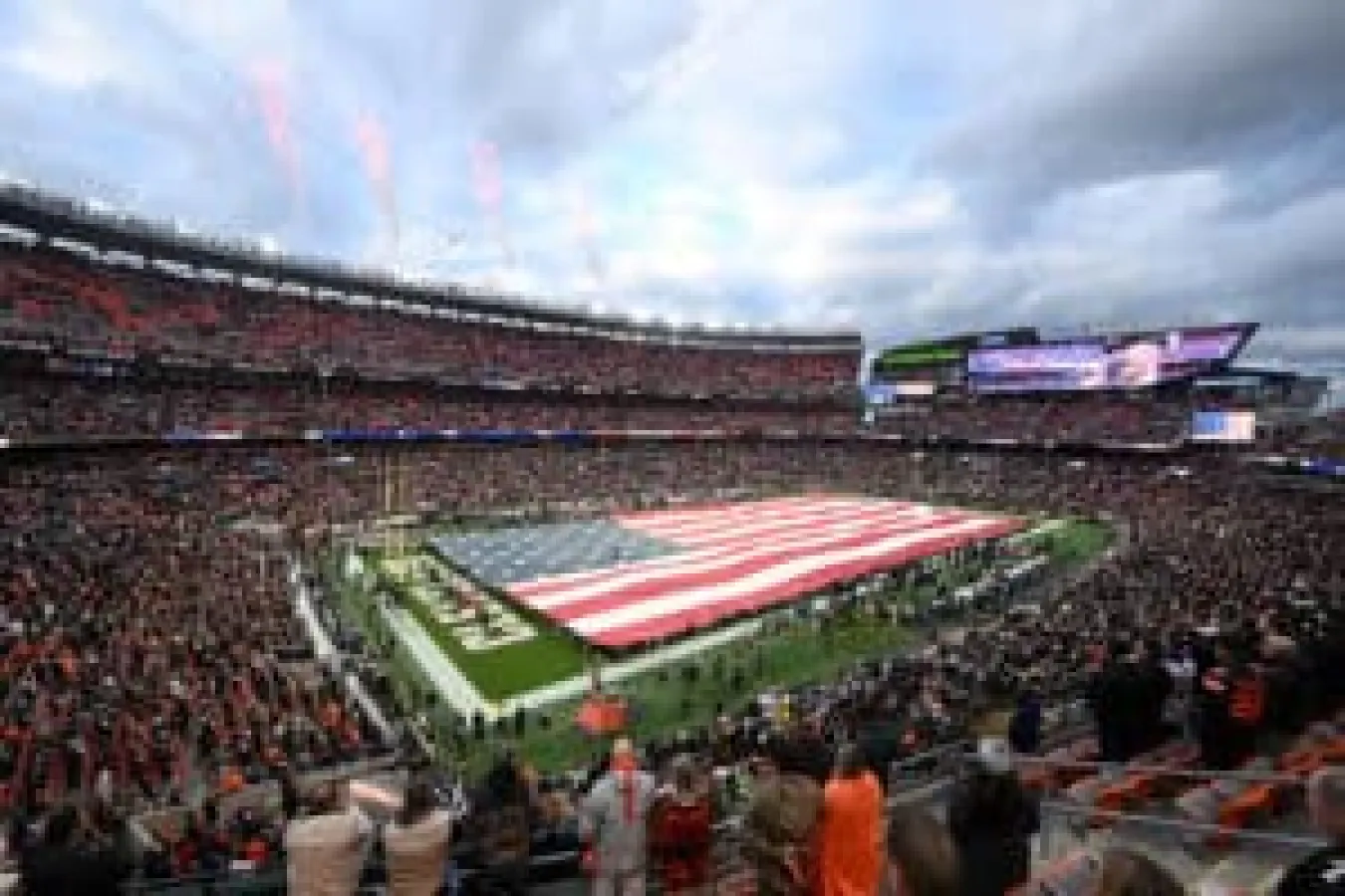 CLEVELAND, OHIO - NOVEMBER 16: A general view of Huntington Bank Field during the national anthem before the game between the Cleveland Browns and the Baltimore Ravens on November 16, 2025 in Cleveland, Ohio.