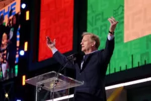 GREEN BAY, WISCONSIN - APRIL 24: NFL Commissioner Roger Goodell reacts while speaking to the crowd during the first round of the 2025 NFL Draft at Lambeau Field on April 24, 2025 in Green Bay, Wisconsin.