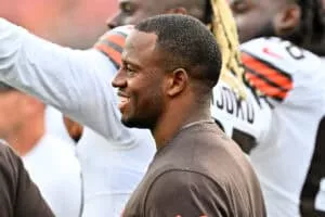 CLEVELAND, OHIO - AUGUST 10: Running back Nick Chubb #24 of the Cleveland Browns watches from the sidelines during the second half of a preseason game at Cleveland Browns Stadium on August 10, 2024 in Cleveland, Ohio. The Packers defeated the Browns 23-10.