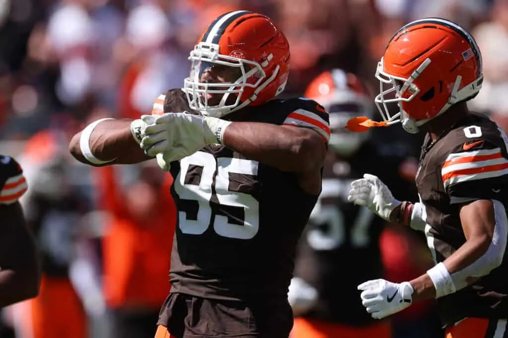 CLEVELAND, OHIO - SEPTEMBER 07: Myles Garrett #95 of the Cleveland Browns plays against the Cincinnati Bengals at Huntington Bank Field on September 07, 2025 in Cleveland, Ohio.