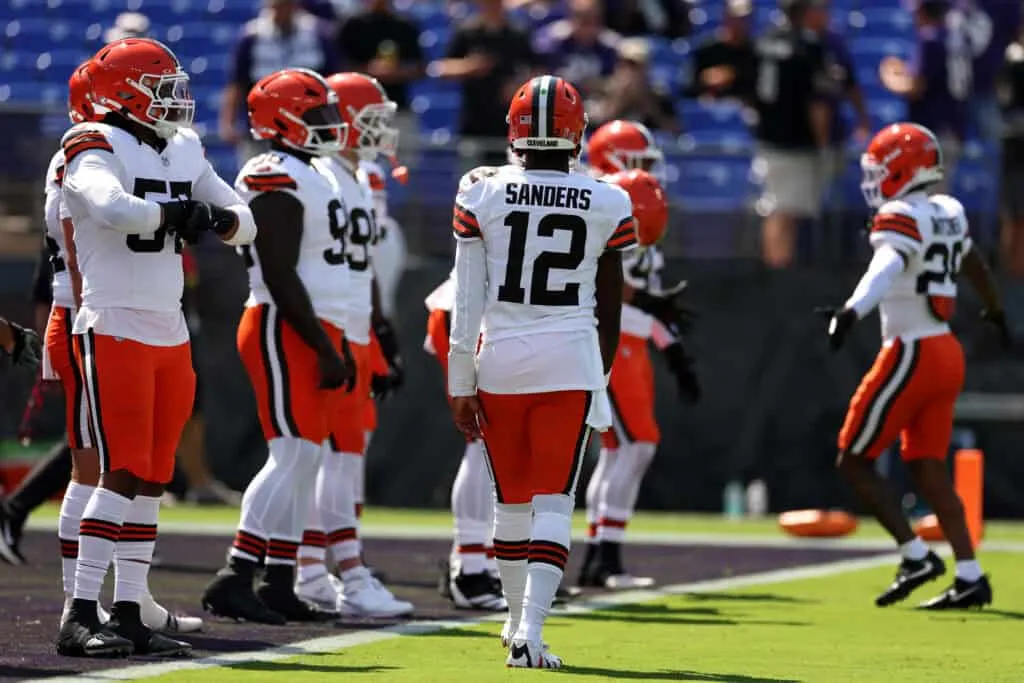BALTIMORE, MARYLAND - SEPTEMBER 14: Quarterback Shedeur Sanders #12 of the Cleveland Browns looks on during the Browns and Baltimore Ravens game at M&T Bank Stadium on September 14, 2025 in Baltimore, Maryland.