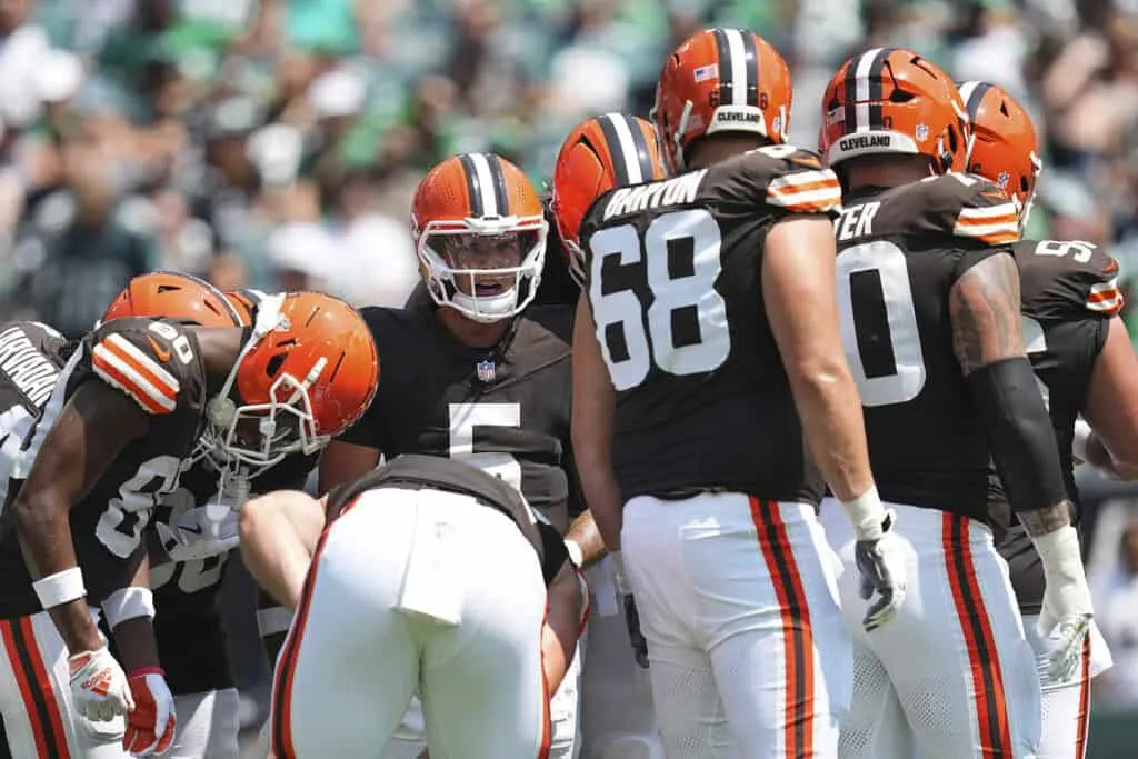 PHILADELPHIA, PENNSYLVANIA - AUGUST 16: Dillon Gabriel #5 of the Cleveland Browns looks on in the huddle against the Philadelphia Eagles in the first half of the NFL Preseason 2025 game at Lincoln Financial Field on August 16, 2025 in Philadelphia, Pennsylvania.