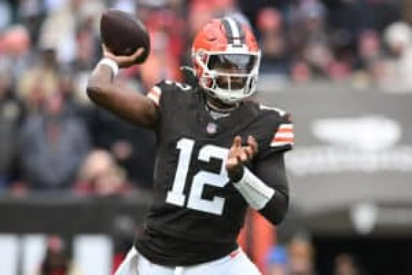 CLEVELAND, OHIO - NOVEMBER 30: Shedeur Sanders #12 of the Cleveland Browns passes the ball against the San Francisco 49ers during the first quarter at Huntington Bank Field on November 30, 2025 in Cleveland, Ohio.