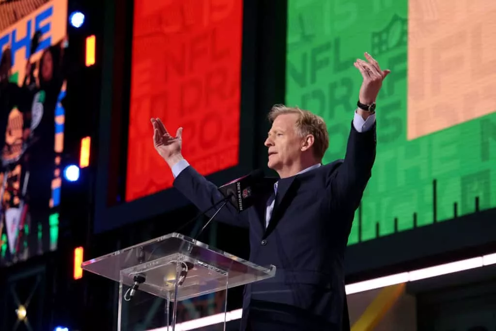 GREEN BAY, WISCONSIN - APRIL 24: NFL Commissioner Roger Goodell reacts while speaking to the crowd during the first round of the 2025 NFL Draft at Lambeau Field on April 24, 2025 in Green Bay, Wisconsin.