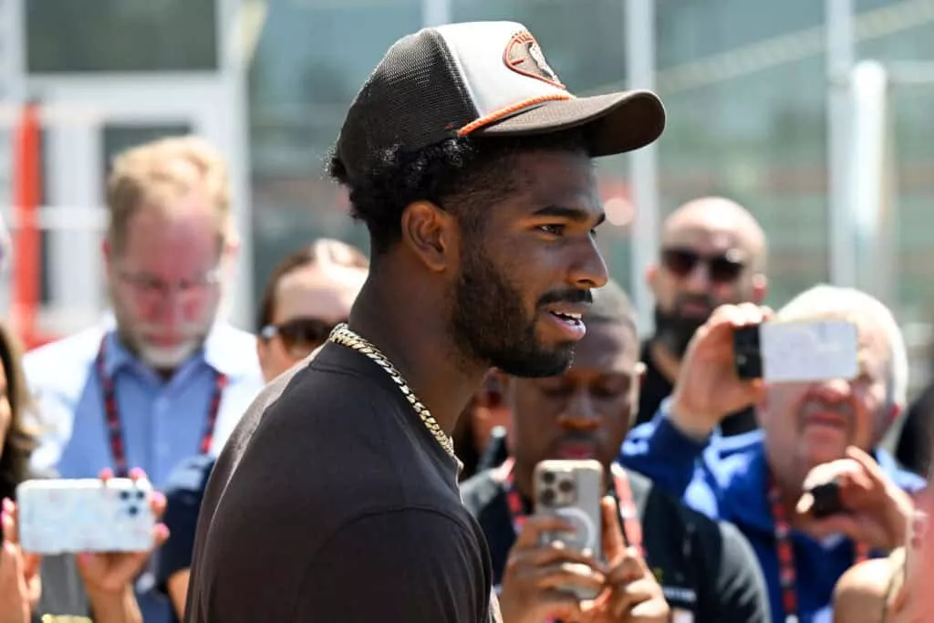BEREA, OHIO - MAY 10: Shedeur Sanders #12 of the Cleveland Browns answers questions from the media during a press conference prior to rookie minicamp at CrossCountry Mortgage Campus on May 10, 2025 in Berea, Ohio.