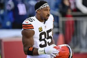 FOXBOROUGH, MASSACHUSETTS - OCTOBER 26: Myles Garrett #95 of the Cleveland Browns looks on during warmups prior to the game against the New England Patriots at Gillette Stadium on October 26, 2025 in Foxborough, Massachusetts.