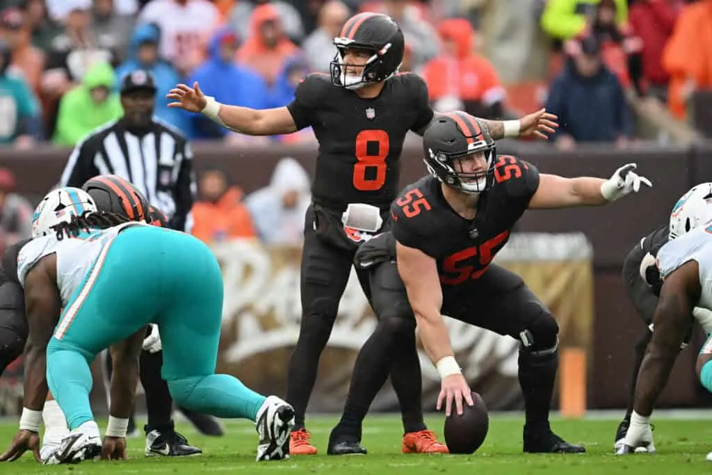CLEVELAND, OHIO - OCTOBER 19: Dillon Gabriel #8 of the Cleveland Browns reacts at the line of scrimmage against the Miami Dolphins during the first half of the game at Huntington Bank Field on October 19, 2025 in Cleveland, Ohio.