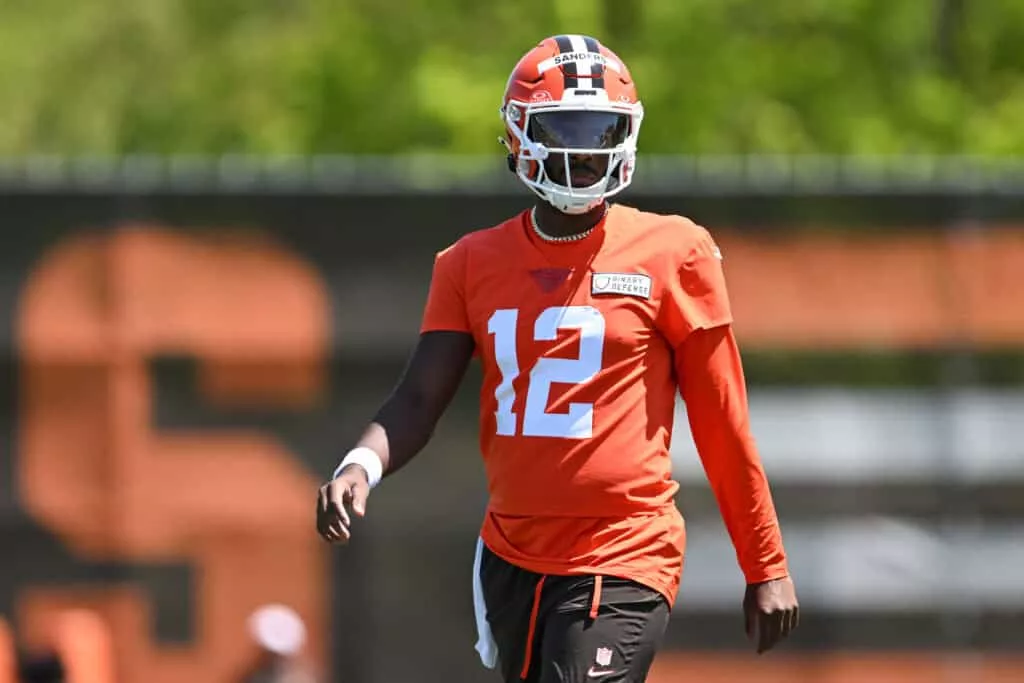 BEREA, OHIO - MAY 10: Shedeur Sanders #12 of the Cleveland Browns looks on during rookie minicamp at CrossCountry Mortgage Campus on May 10, 2025 in Berea, Ohio.